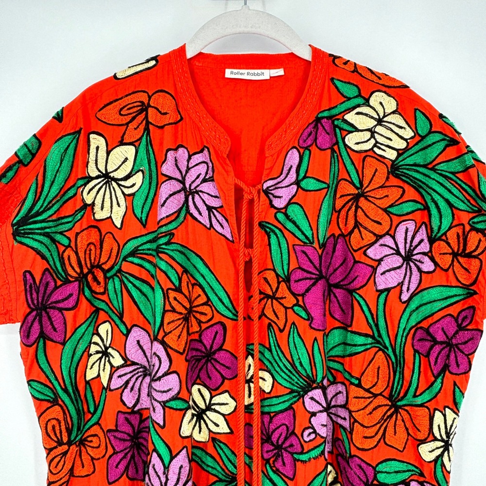 Roller Rabbit Orange Floral Embroidered Tassel Tunic Dress Pockets Cotton Size M - Picture 9 of 15